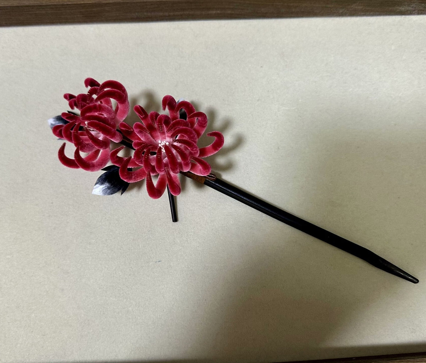 Handmade Ronghua Double-Head Red Chrysanthemum Hairpin | Mulberry Silk Velvet Flower Wooden Headwear