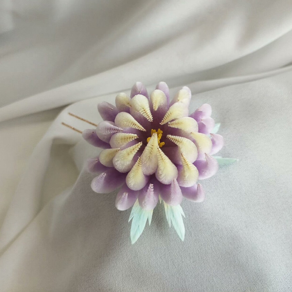 Handmade Ronghua Purple Chrysanthemum Hairpin | Single Mulberry Silk Velvet Flower U-Pin