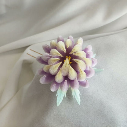 Handmade Ronghua Purple Chrysanthemum Hairpin | Single Mulberry Silk Velvet Flower U-Pin