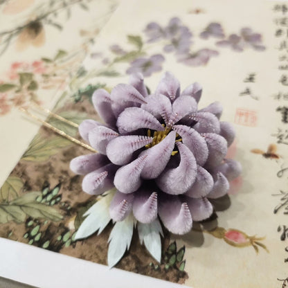 Handmade Ronghua Purple Chrysanthemum Hairpin | Single Mulberry Silk Velvet Flower U-Pin