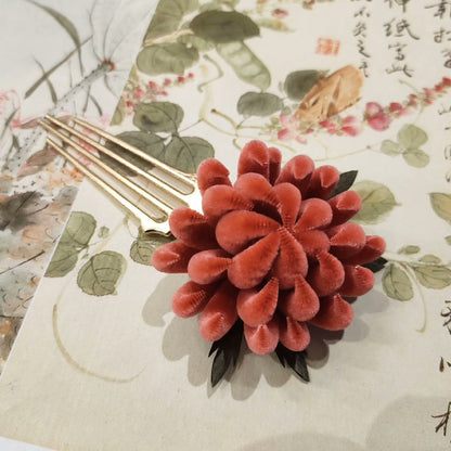 Handmade Ronghua Purple Chrysanthemum Hairpin | Single Mulberry Silk Velvet Flower U-Pin