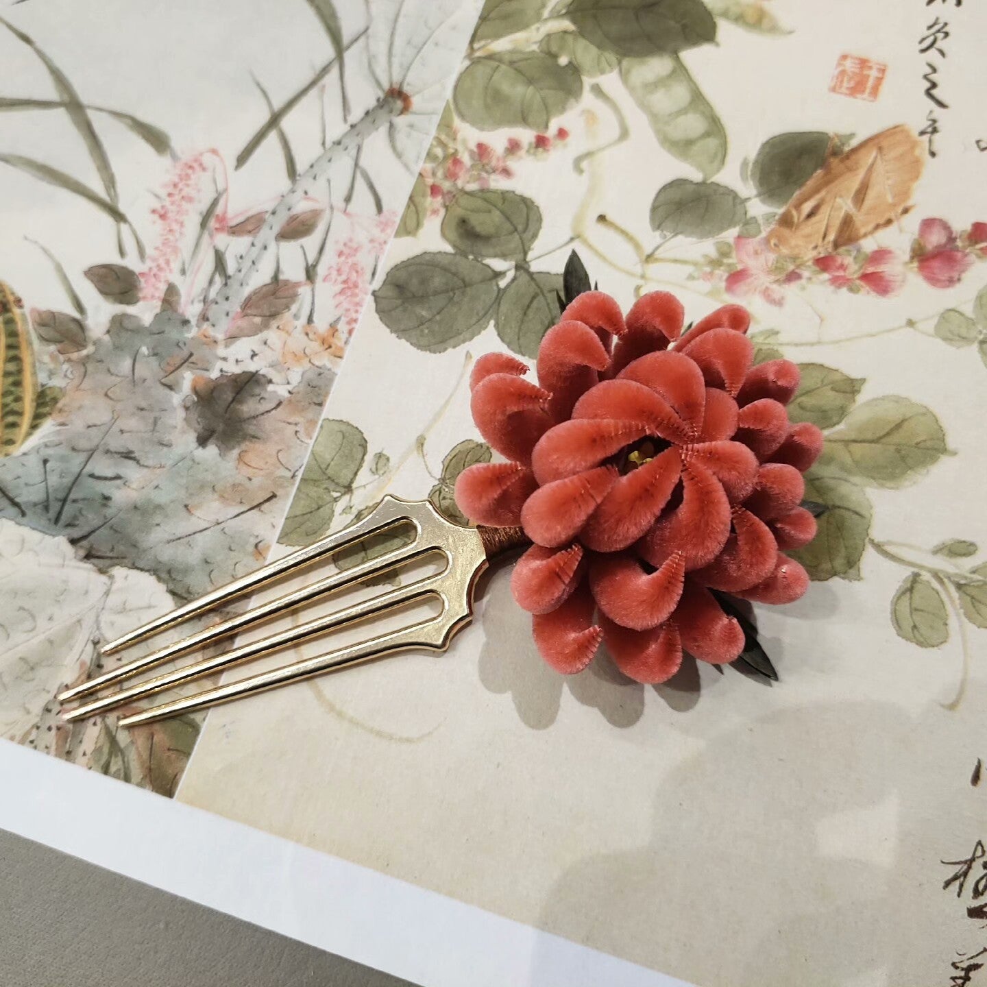 Handmade Ronghua Purple Chrysanthemum Hairpin | Single Mulberry Silk Velvet Flower U-Pin