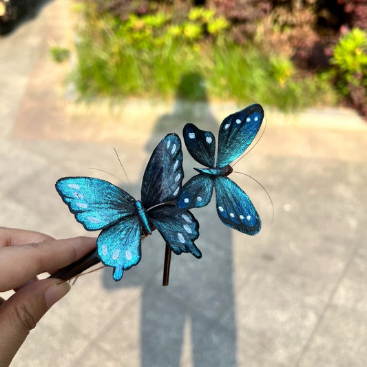 Handmade Ronghua Blue Butterfly Hairpin | Single Mulberry Silk Velvet Butterfly Headwear