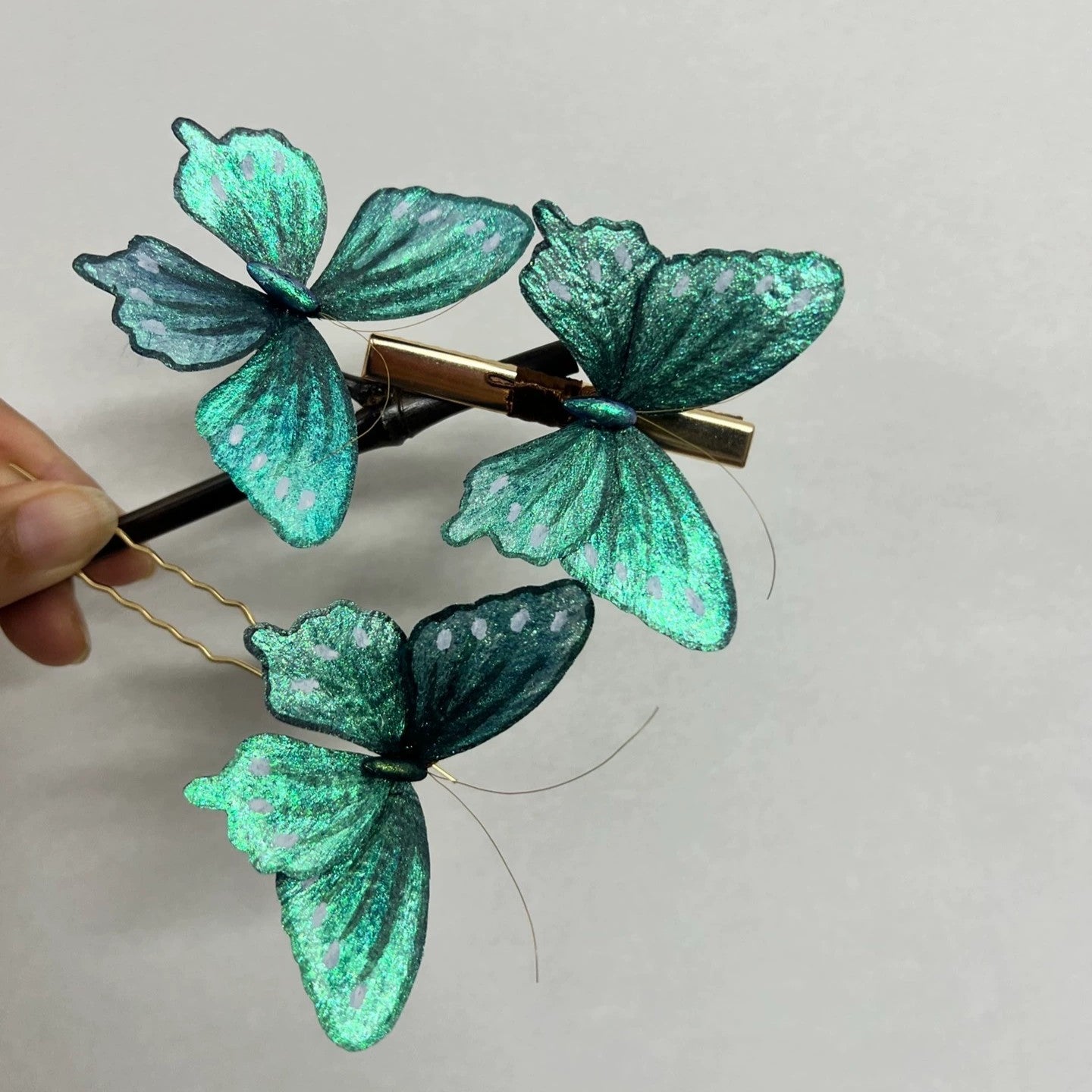 Handmade Ronghua Blue Butterfly Hairpin | Single Mulberry Silk Velvet Butterfly Headwear
