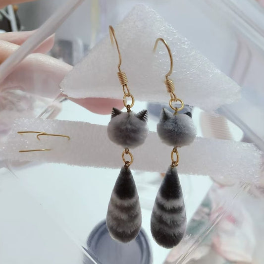 Handmade Ronghua Raccoon Dangle Animals Earrings | Mulberry Silk Velvet Little Raccoon Drop Earrings for Daily & Special Occasions