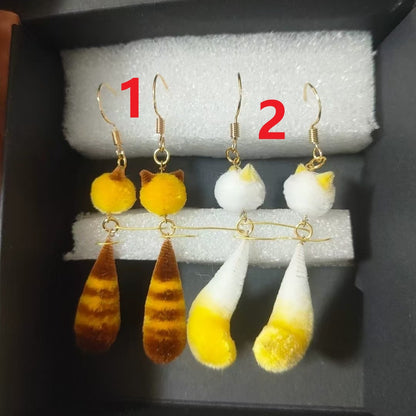 Handmade Ronghua Raccoon Dangle Animals Earrings | Mulberry Silk Velvet Little Raccoon Drop Earrings for Daily & Special Occasions