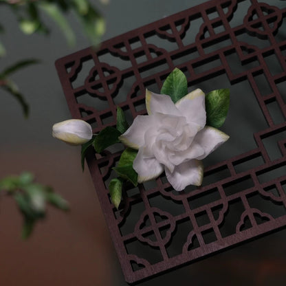 Handmade Ronghua Gardenia Hairpin | Mulberry Silk Velvet Cape Flower Headwear