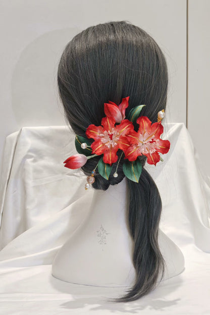 Handmade Ronghua Red Lily Set | Mulberry Silk Velvet Hairpin, Brooch & Earrings