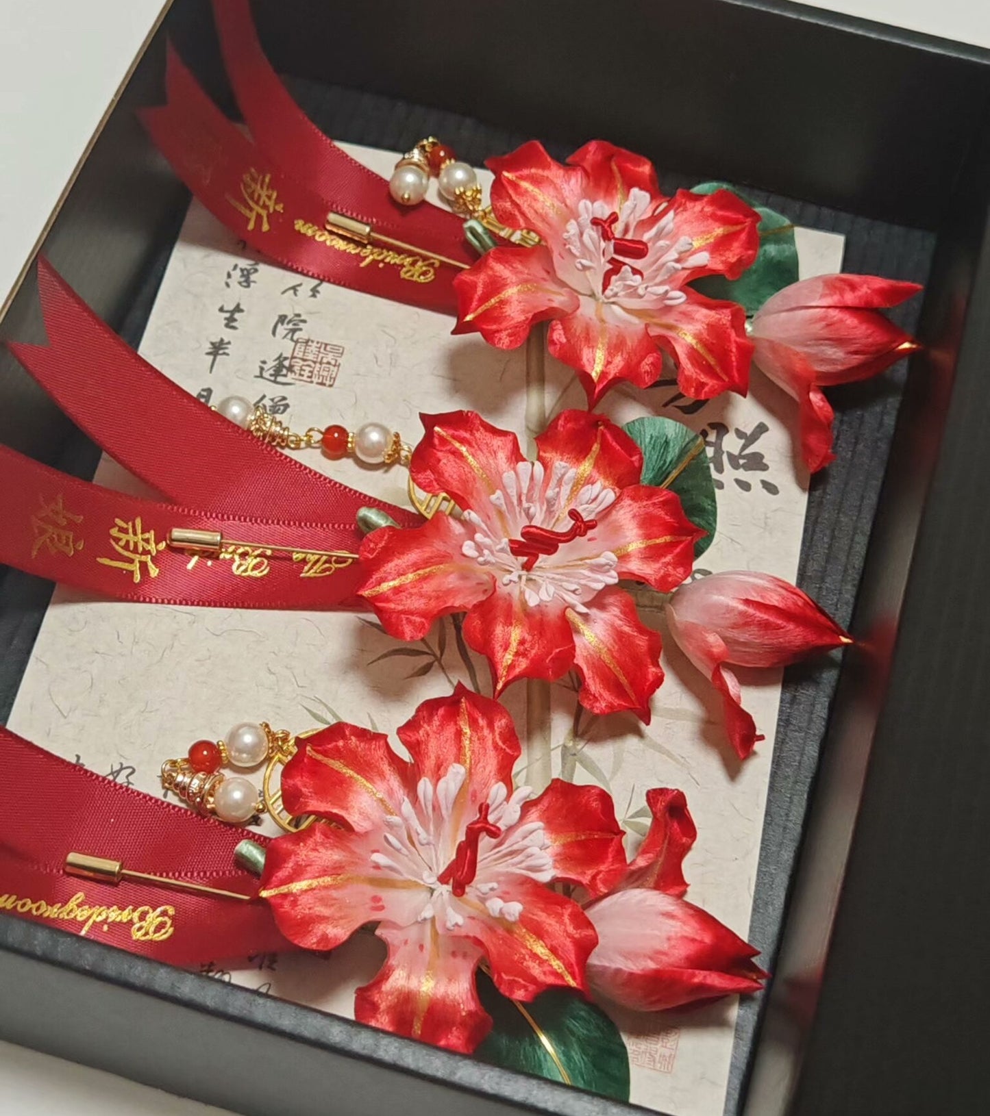Handmade Ronghua Red Lily Set | Mulberry Silk Velvet Hairpin, Brooch & Earrings