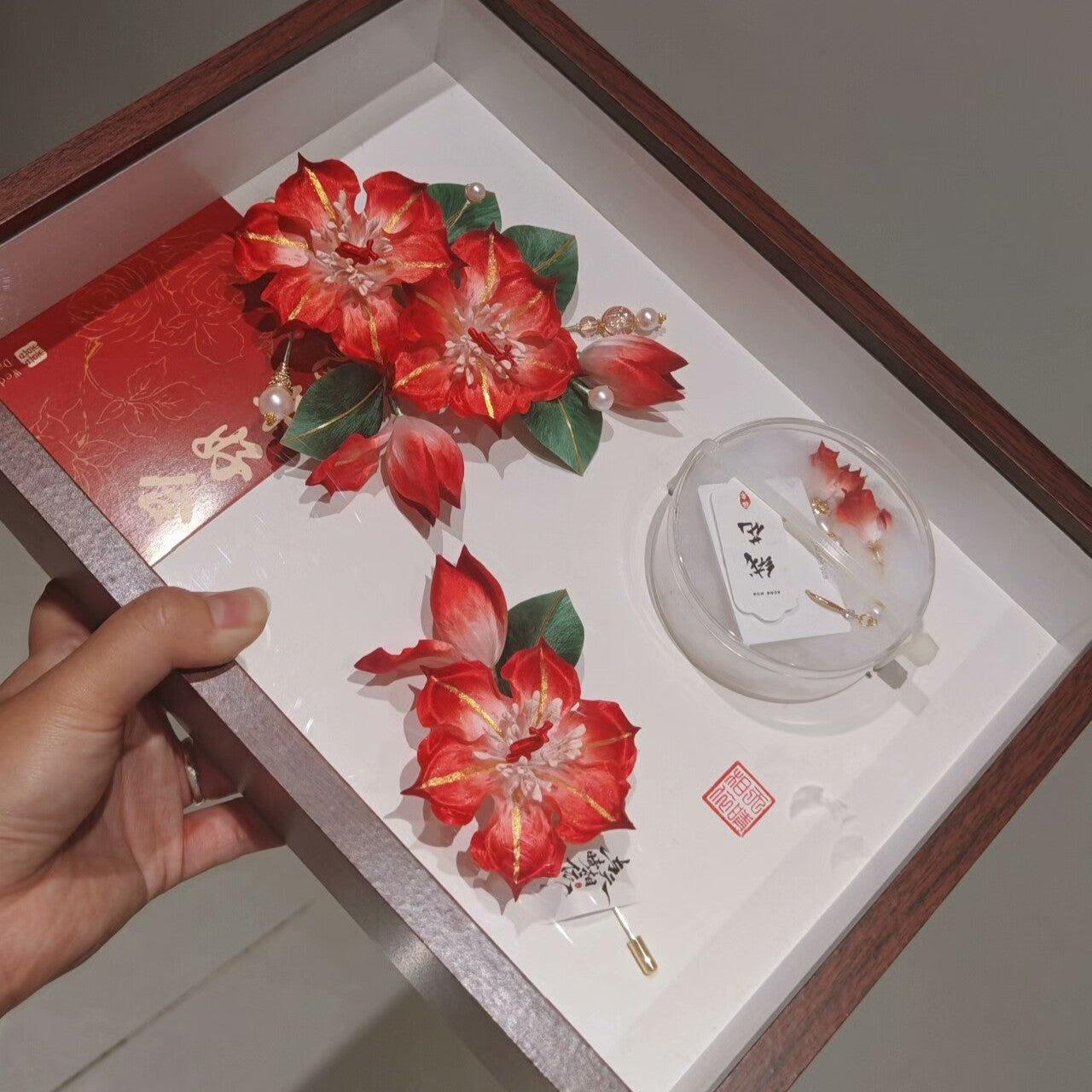 Handmade Ronghua Red Lily Set | Mulberry Silk Velvet Hairpin, Brooch & Earrings