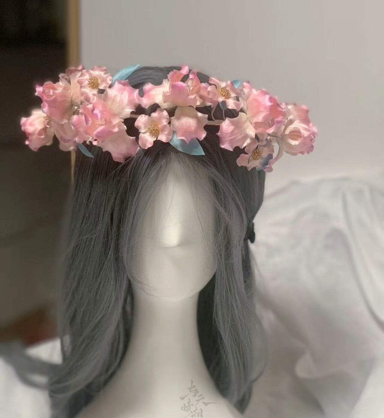 Handmade Ronghua pink iris flower crown in mulberry silk velvet worn on mannequin head