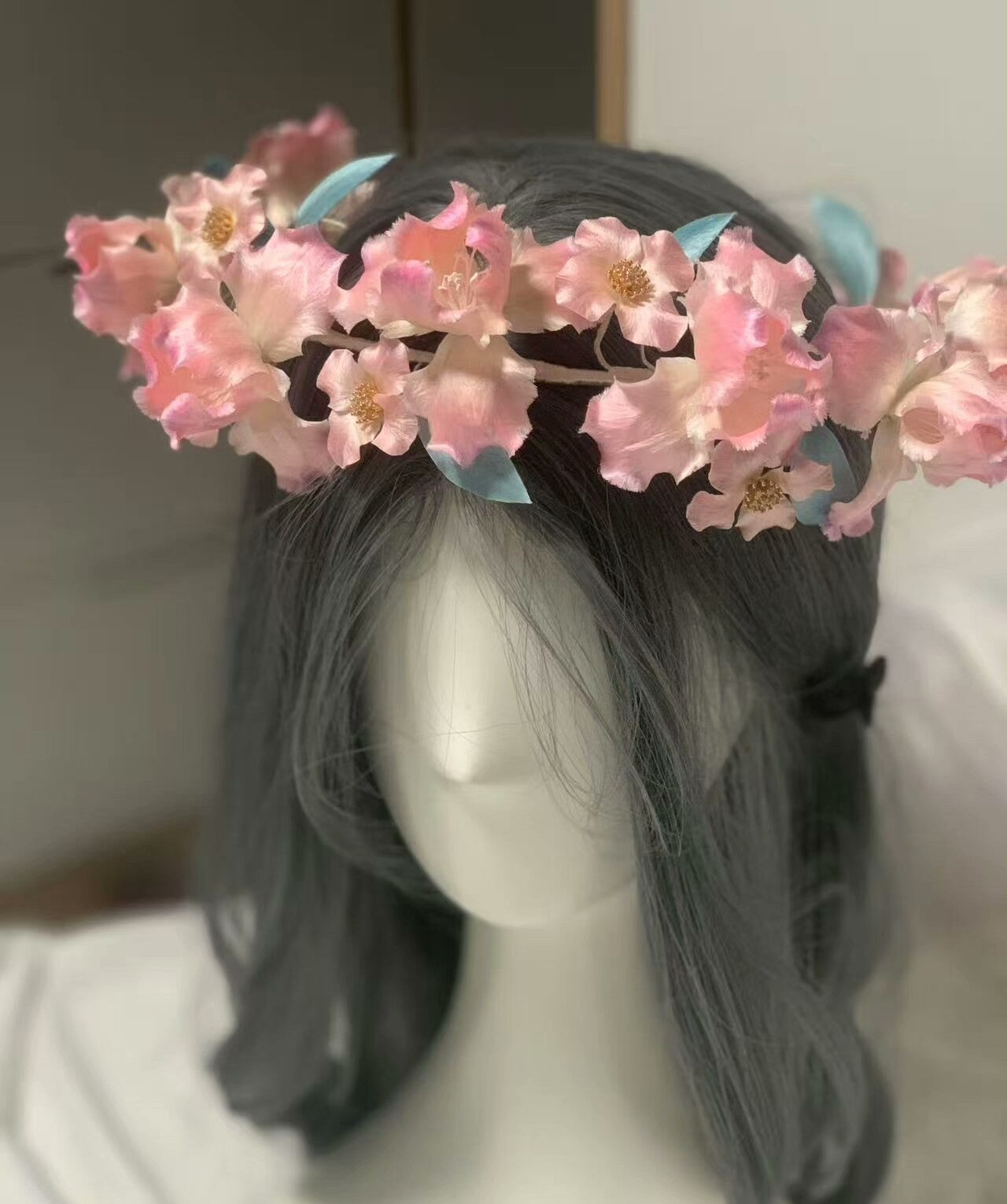 Handmade Ronghua Pink Iris Flower Crown | Mulberry Silk Velvet Floral Headband for Hanfu & Wedding
