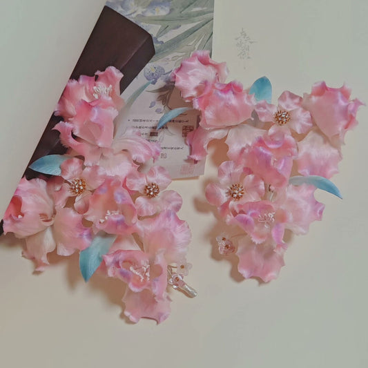 Handmade Ronghua Pink Iris Hairpin | Mulberry Silk Velvet Iris Flower Headwear