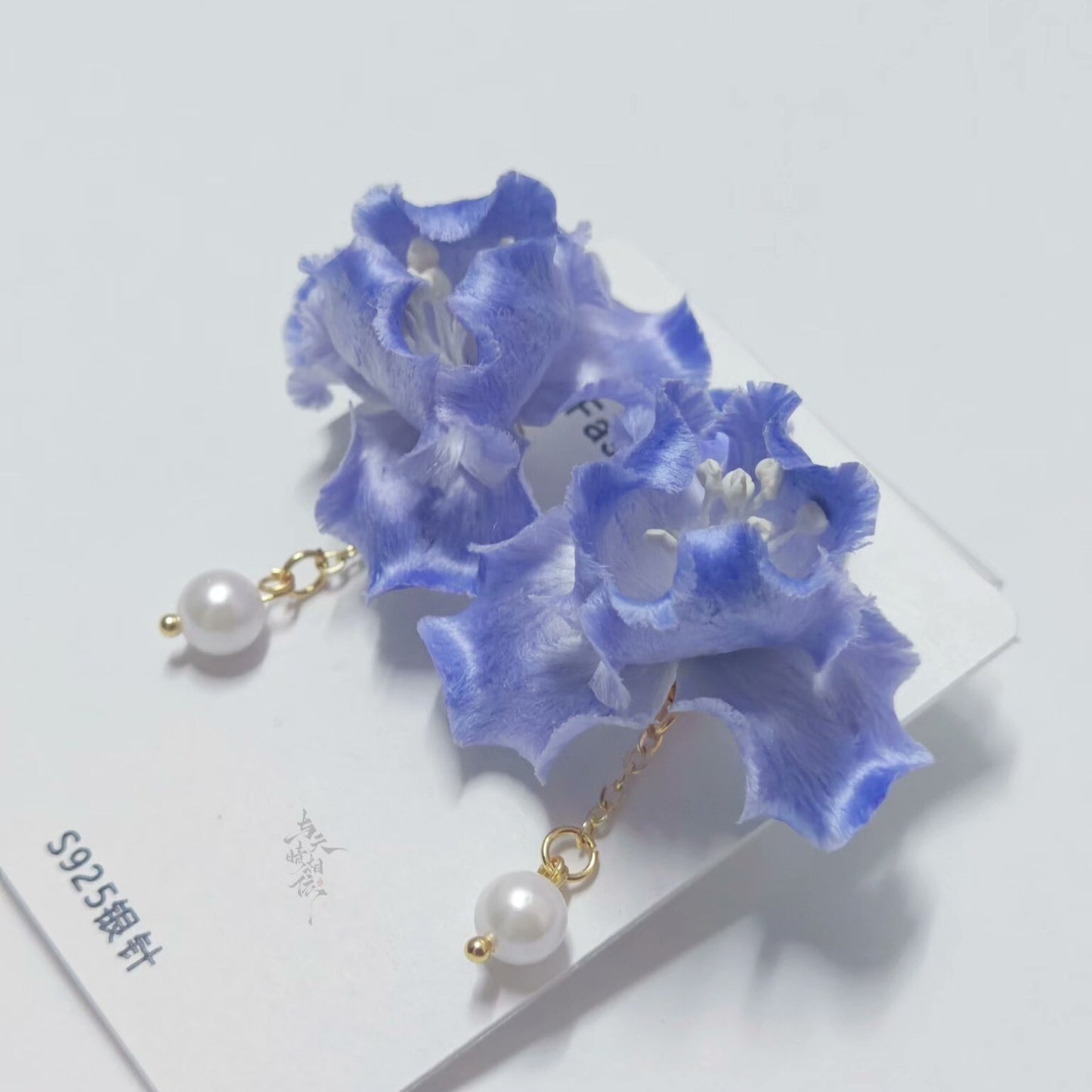 Handmade Ronghua Blue Iris Stud Earrings | Mulberry Silk Velvet Iris Flower Drop Earrings