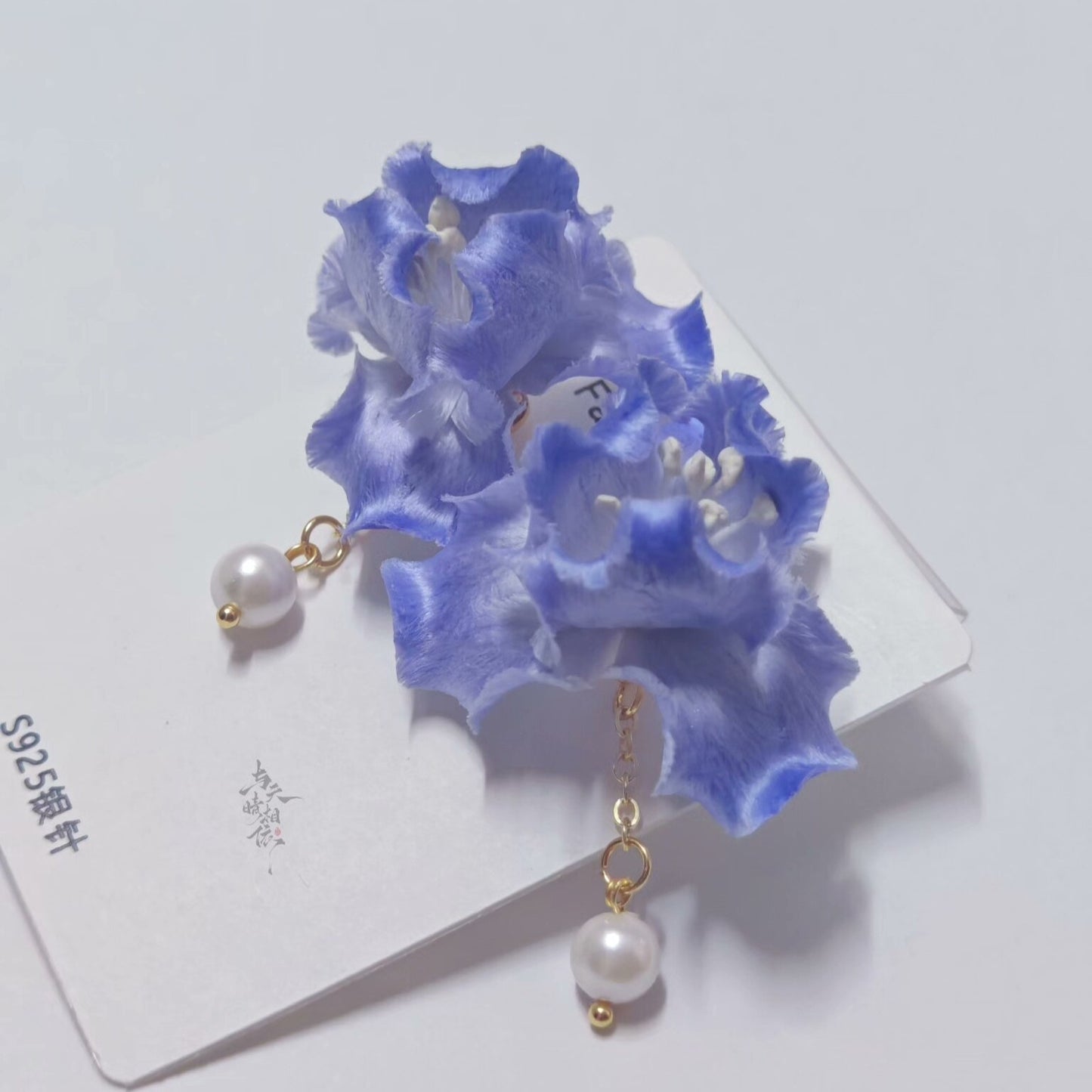 Handmade Ronghua Blue Iris Stud Earrings | Mulberry Silk Velvet Iris Flower Drop Earrings