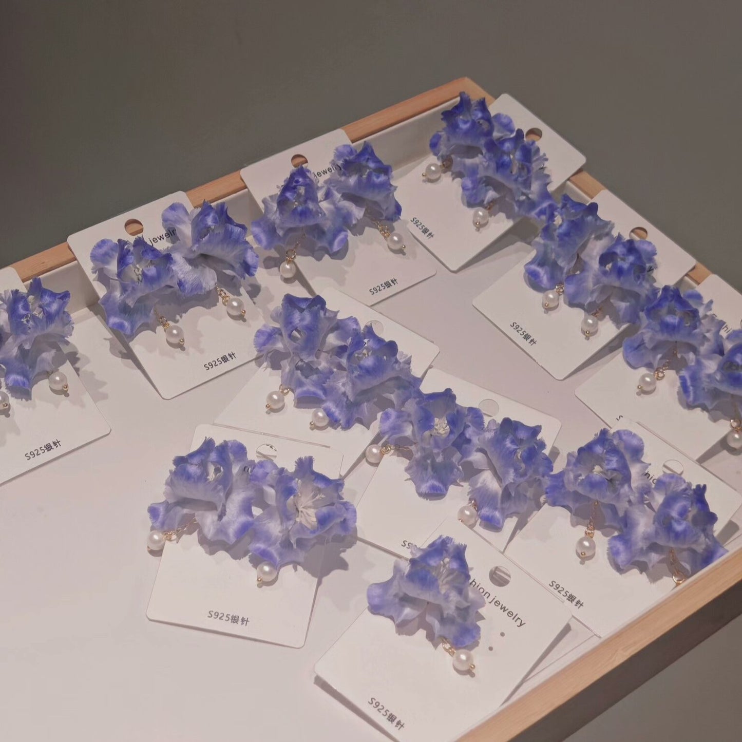 Handmade Ronghua Blue Iris Stud Earrings | Mulberry Silk Velvet Iris Flower Drop Earrings