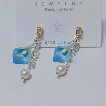 Handmade Ronghua blue calla lily drop earrings in mulberry silk velvet with freshwater pearls on 925 silver posts