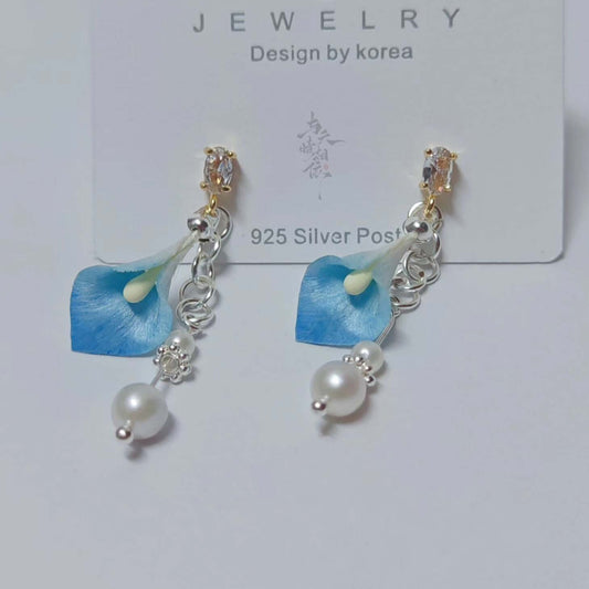 Handmade Ronghua blue calla lily drop earrings in mulberry silk velvet with freshwater pearls on 925 silver posts