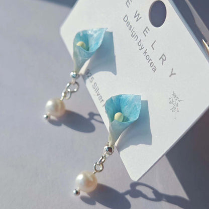 Handmade Ronghua Blue Calla Lily Drop Earrings | Mulberry Silk Velvet Flower & Freshwater Pearl Earrings