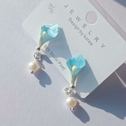 Handmade Ronghua Blue Calla Lily Drop Earrings | Mulberry Silk Velvet Flower & Freshwater Pearl Earrings