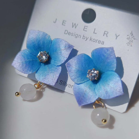 Handmade Ronghua blue hydrangea drop earrings in mulberry silk velvet with zircon center and agate jade bead on 925 silver posts