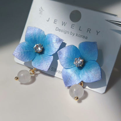 Handmade Ronghua Blue Hydrangea Drop Earrings | Mulberry Silk Velvet Flower Earrings