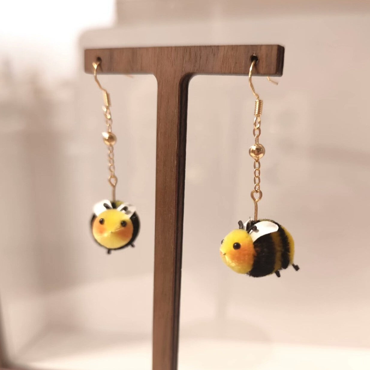 Handmade Ronghua Little Bee Drop Earrings | Mulberry Silk Velvet Bumblebee Earrings