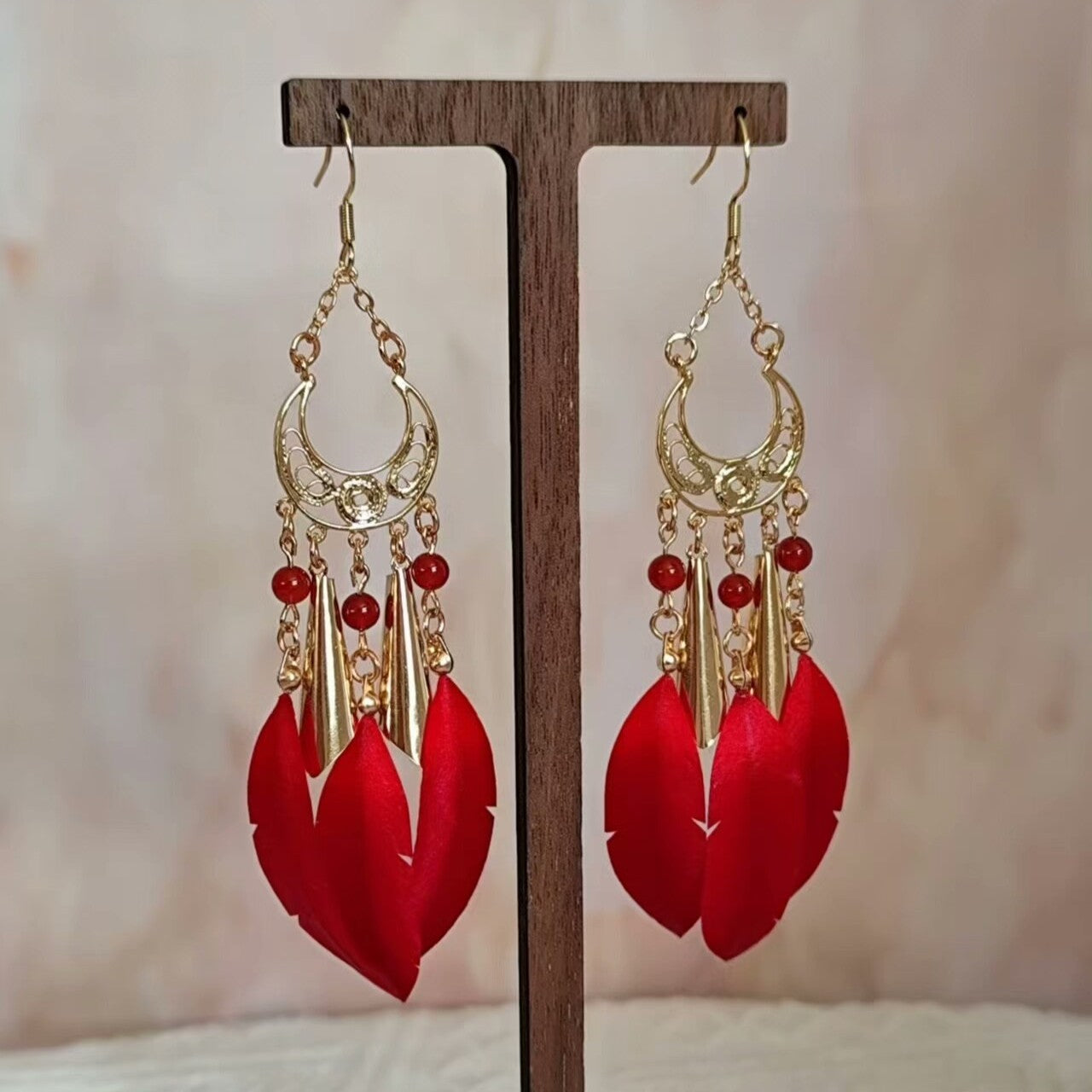 Handmade Ronghua Red Feather Tassel Earrings | Mulberry Silk Velvet Feather Drop Earrings