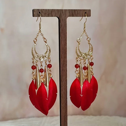 Handmade Ronghua Red Feather Tassel Earrings | Mulberry Silk Velvet Feather Drop Earrings