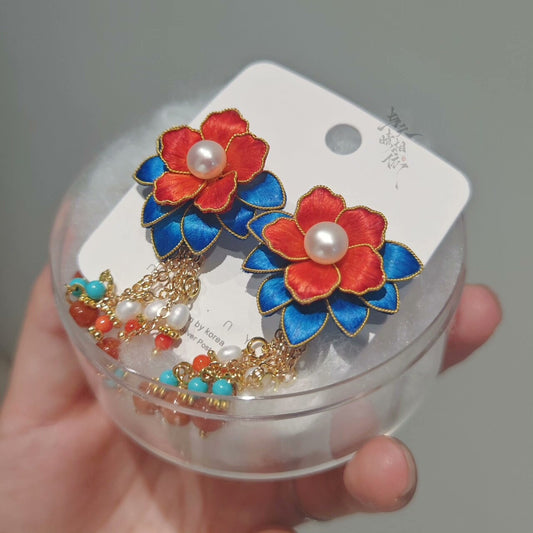 Handmade Ronghua Zhuyan Earrings | Red-Blue Silk Velvet Flower Stud & Drop