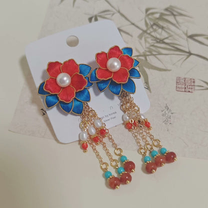 Handmade Ronghua Zhuyan Earrings | Red-Blue Silk Velvet Flower Stud & Drop