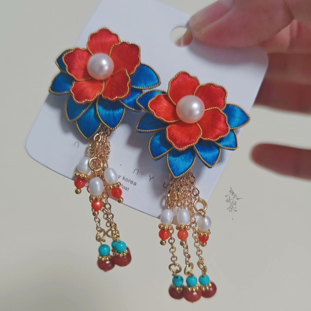 Handmade Ronghua Zhuyan Earrings | Red-Blue Silk Velvet Flower Stud & Drop