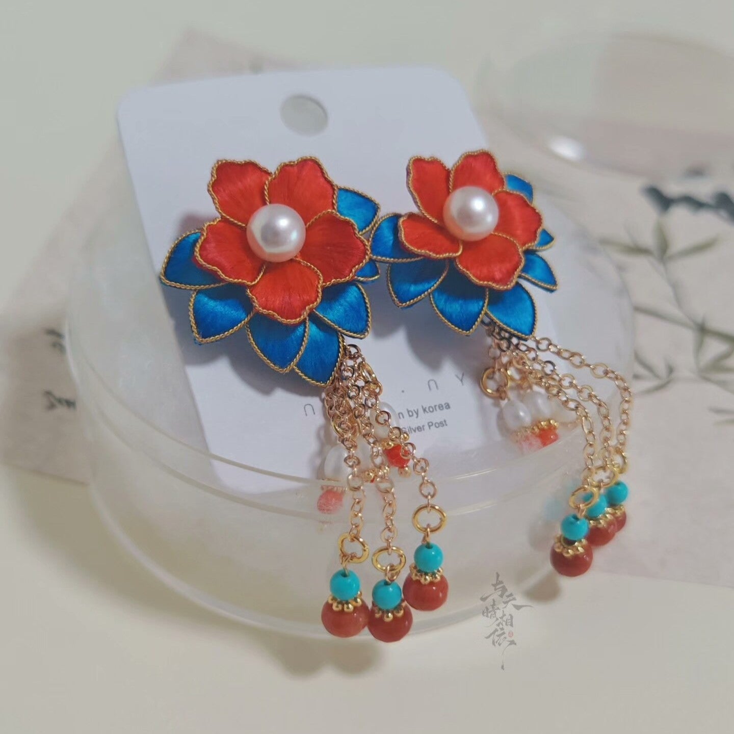 Handmade Ronghua Zhuyan earrings set – red-blue silk velvet flower studs with pearl and matching long drop earrings with agate and turquoise beads