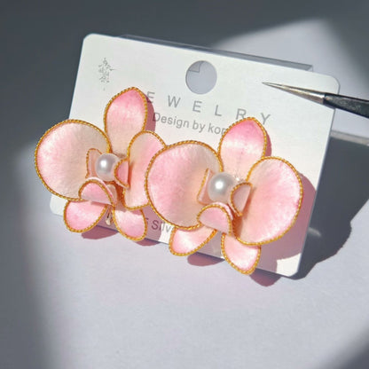 Handmade Ronghua Pink Phalaenopsis Orchid Stud Earrings | Mulberry Silk Velvet Moth Orchid Earrings with Pearl
