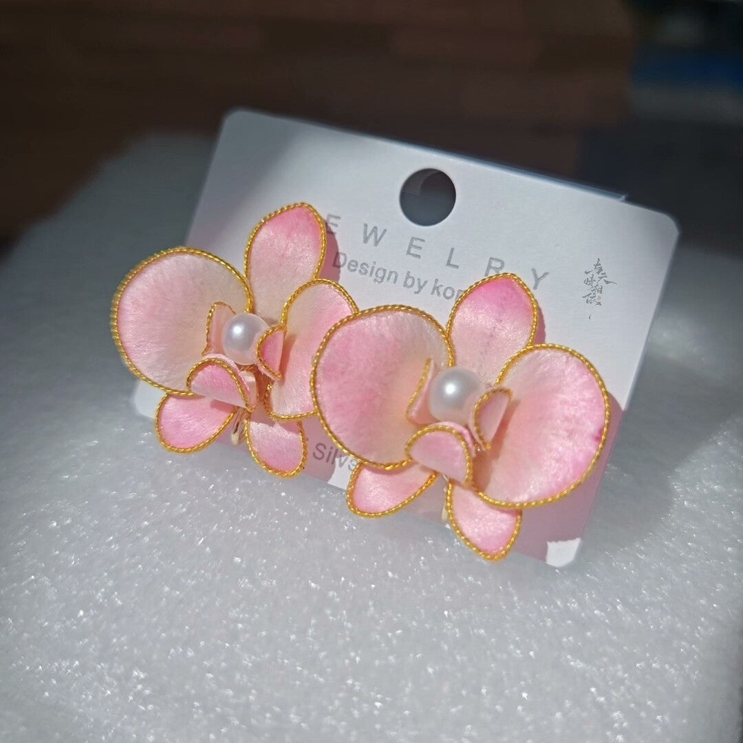 Handmade Ronghua Pink Phalaenopsis Orchid Stud Earrings | Mulberry Silk Velvet Moth Orchid Earrings with Pearl