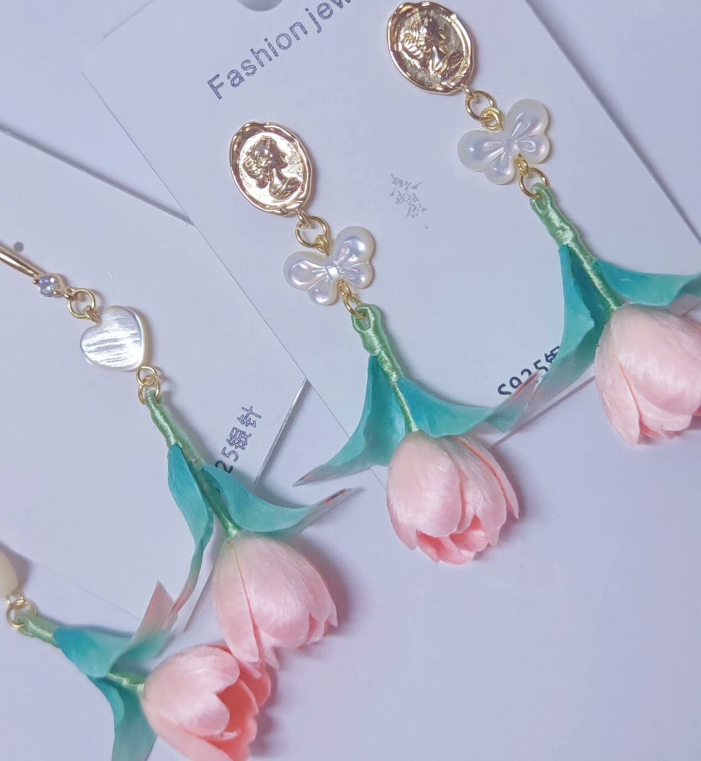 Handmade Ronghua Pink Tulip Drop Earrings | Mulberry Silk Velvet Tulip Flower Earrings