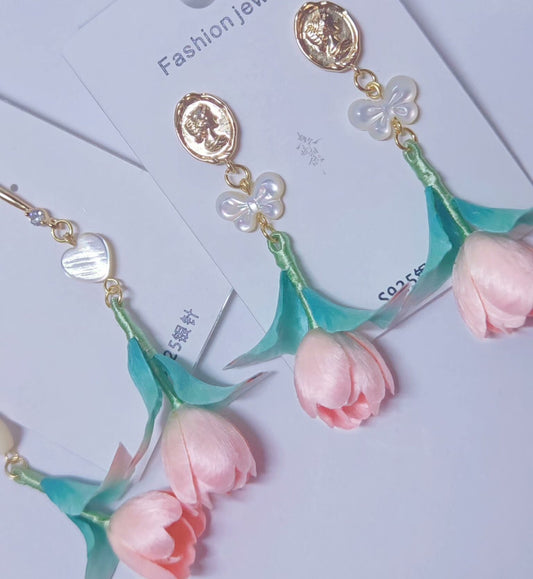 Handmade Ronghua Pink Tulip Drop Earrings | Mulberry Silk Velvet Tulip Flower Earrings