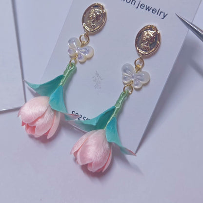 Handmade Ronghua pink tulip drop earrings in mulberry silk velvet with pearl, cameo, and mother-of-pearl bow on gold-plated 925 silver