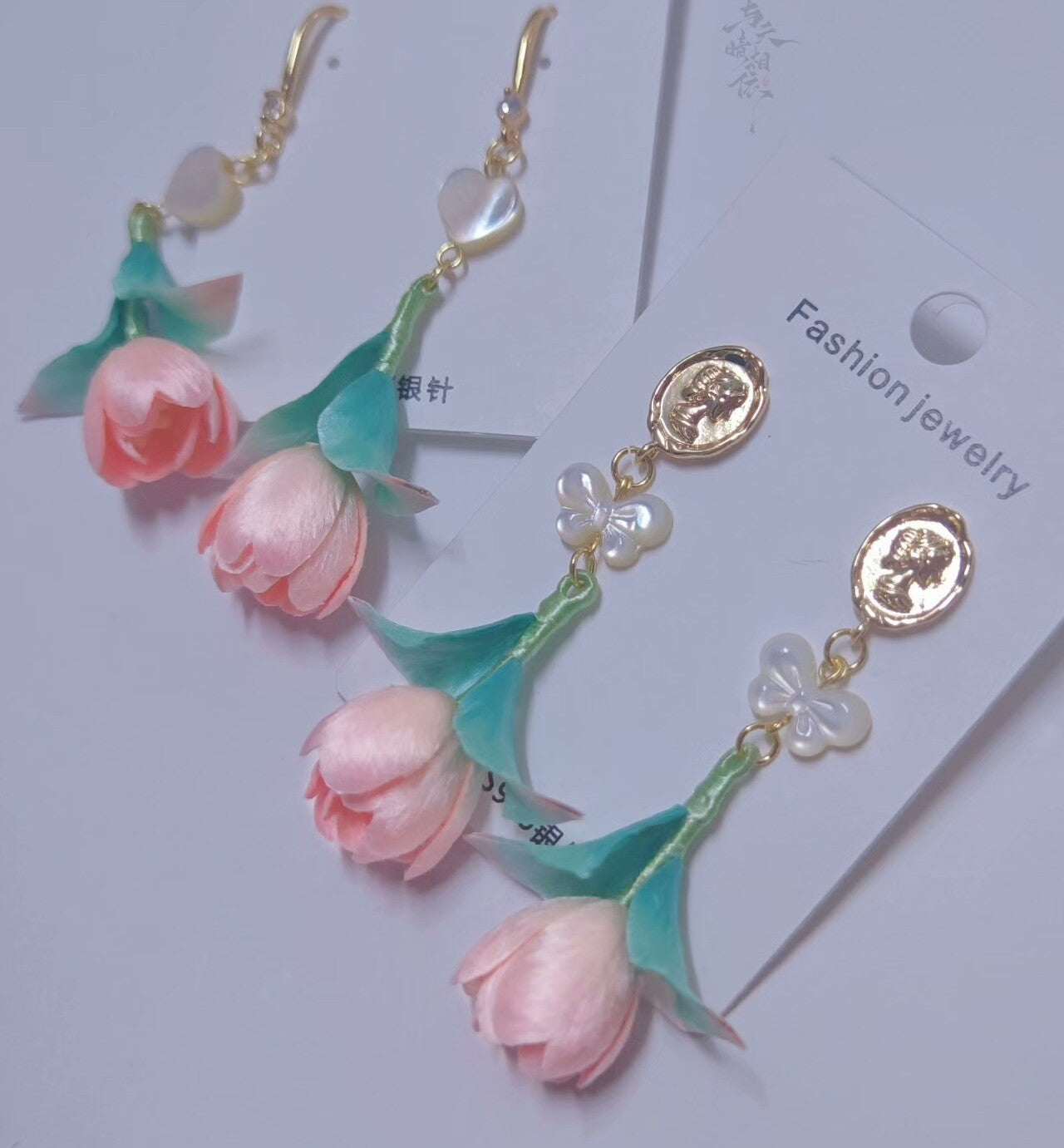 Handmade Ronghua Pink Tulip Drop Earrings | Mulberry Silk Velvet Tulip Flower Earrings