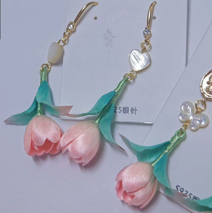 Handmade Ronghua Pink Tulip Drop Earrings | Mulberry Silk Velvet Tulip Flower Earrings