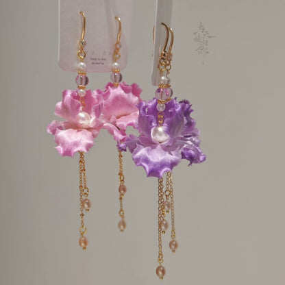 Handmade Ronghua Pink Iris Long Drop Earrings | Mulberry Silk Velvet Iris Flower & Pearl Chain Earrings