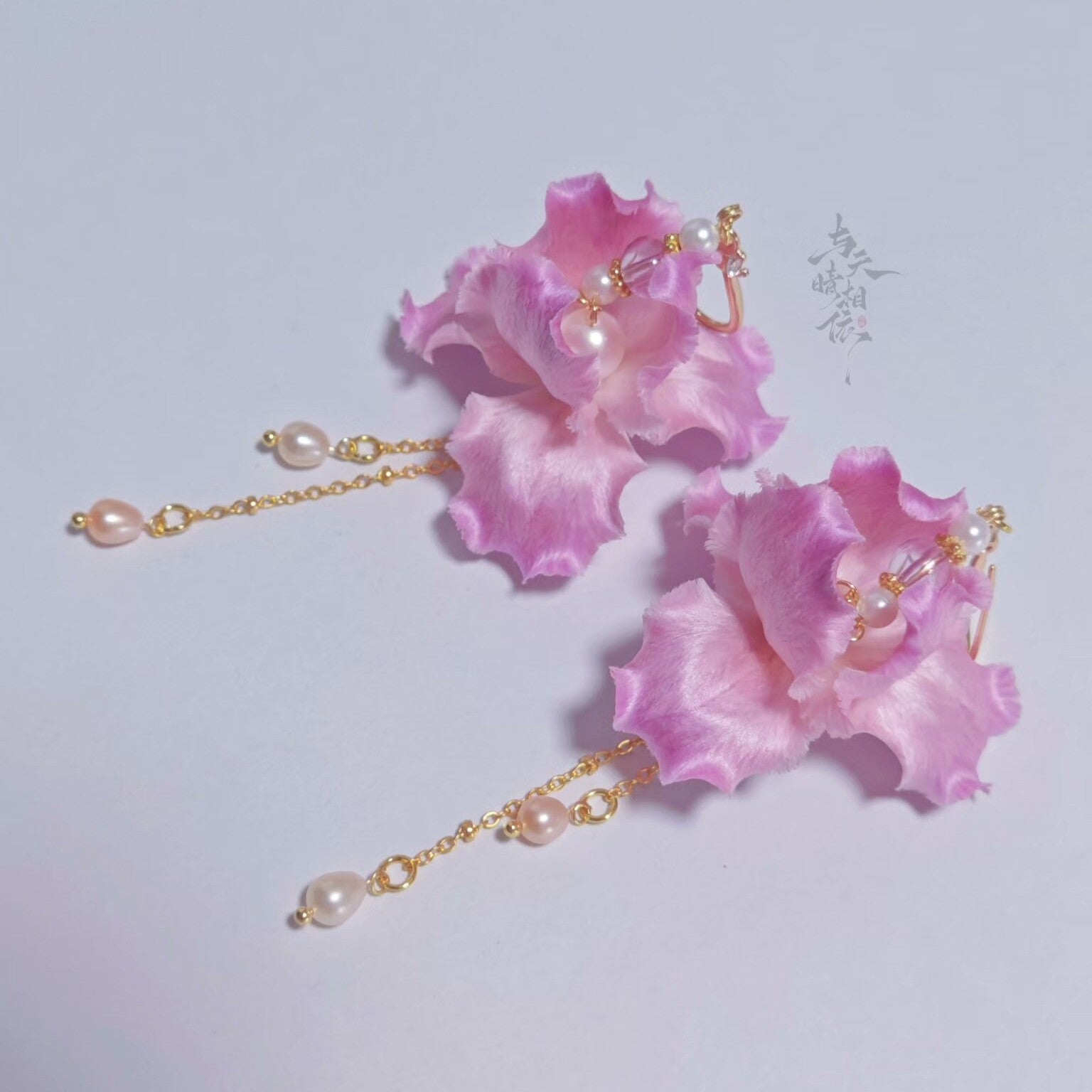 Handmade Ronghua pink iris long drop earrings in mulberry silk velvet with pearl chain on gold hooks