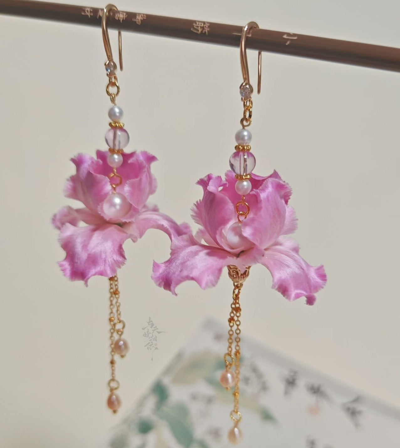 Handmade Ronghua Pink Iris Long Drop Earrings | Mulberry Silk Velvet Iris Flower & Pearl Chain Earrings
