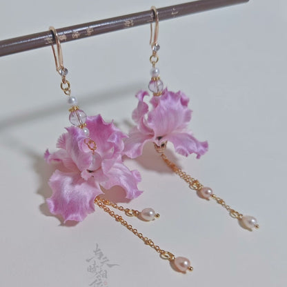 Handmade Ronghua Pink Iris Long Drop Earrings | Mulberry Silk Velvet Iris Flower & Pearl Chain Earrings