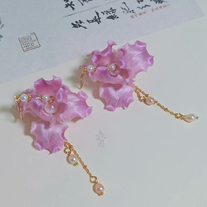 Handmade Ronghua Pink Iris Long Drop Earrings | Mulberry Silk Velvet Iris Flower & Pearl Chain Earrings