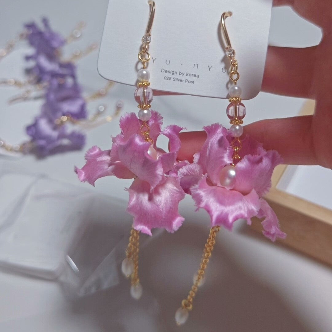 Handmade Ronghua Pink Iris Long Drop Earrings | Mulberry Silk Velvet Iris Flower & Pearl Chain Earrings