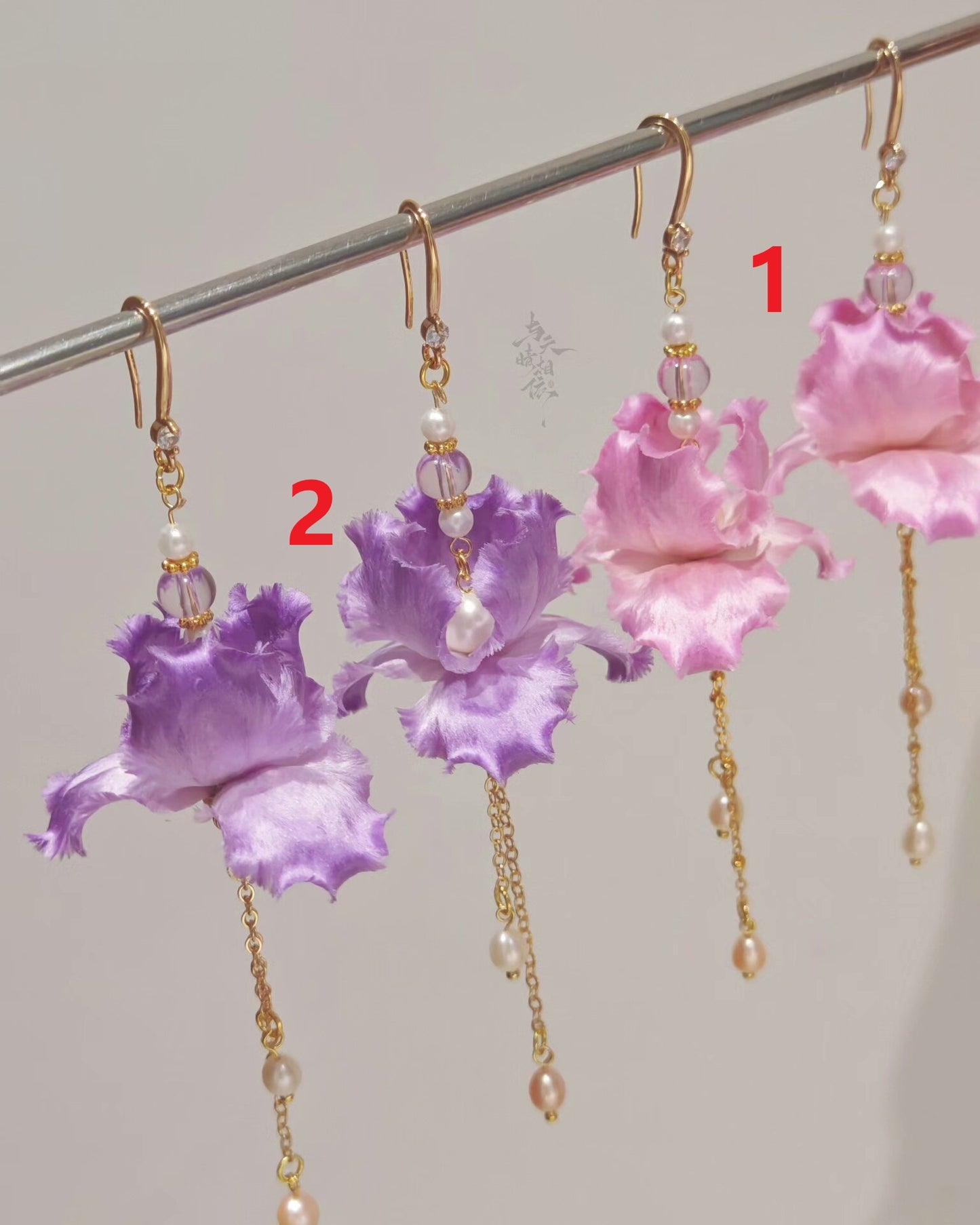 Handmade Ronghua Pink Iris Long Drop Earrings | Mulberry Silk Velvet Iris Flower & Pearl Chain Earrings