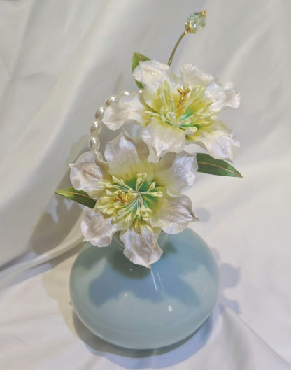 Handmade Ronghua Double Lily Hairpin | Mulberry Silk Velvet Parallel Lily Flower Hair Accessory