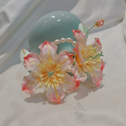 Handmade Ronghua Double Lily Hairpin | Mulberry Silk Velvet Parallel Lily Flower Hair Accessory