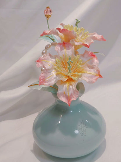 Handmade Ronghua Double Lily Hairpin | Mulberry Silk Velvet Parallel Lily Flower Hair Accessory